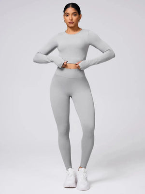 Back Crisscross Round Neck Long Sleeve Top and Leggings Active Set Trendsi 