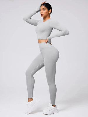 Back Crisscross Round Neck Long Sleeve Top and Leggings Active Set Trendsi 