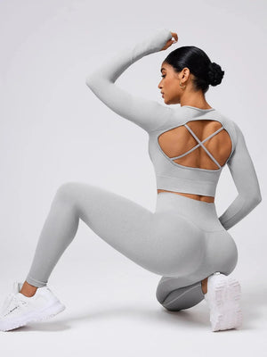 Back Crisscross Round Neck Long Sleeve Top and Leggings Active Set Trendsi 