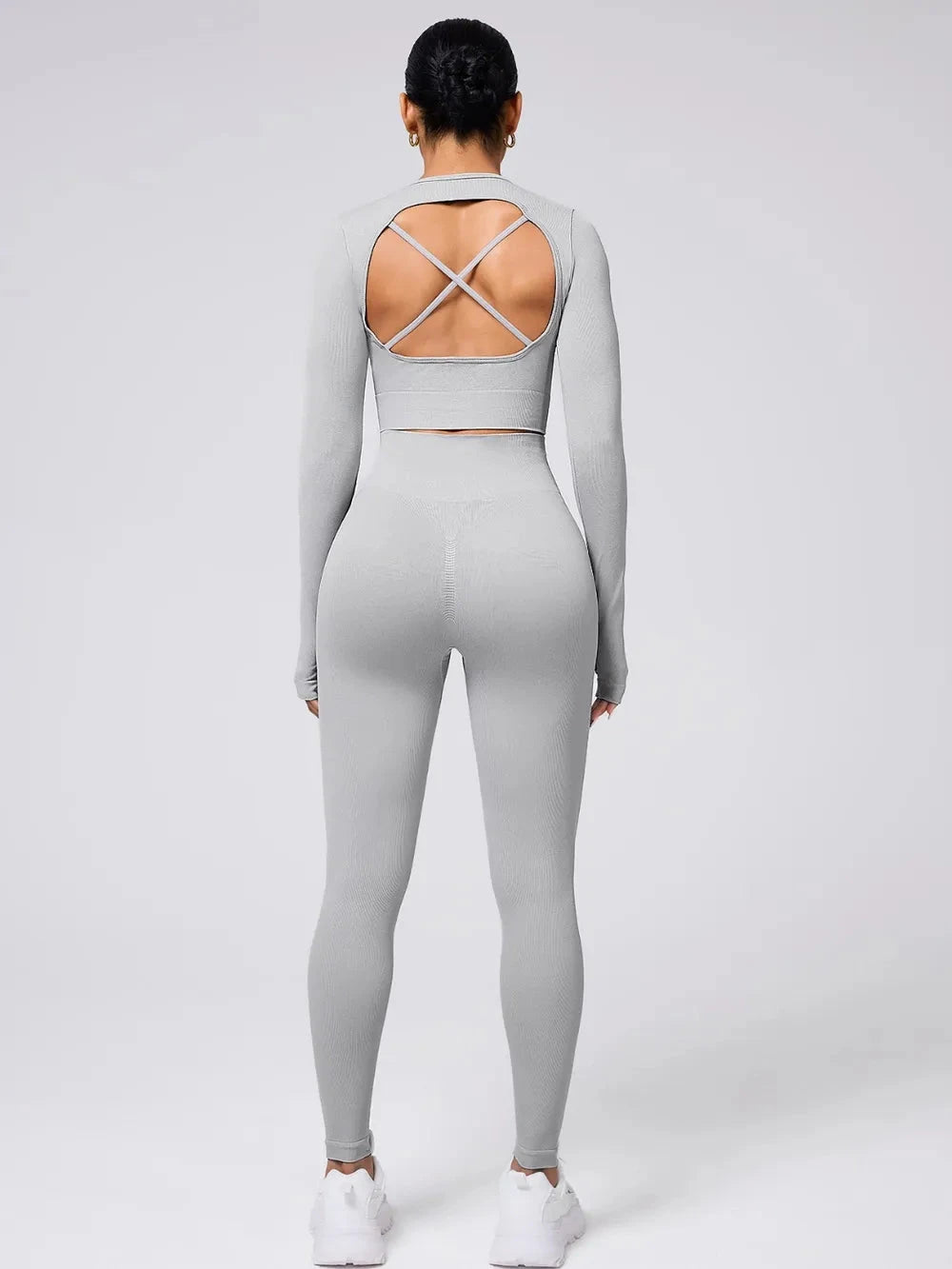 Back Crisscross Round Neck Long Sleeve Top and Leggings Active Set Trendsi 