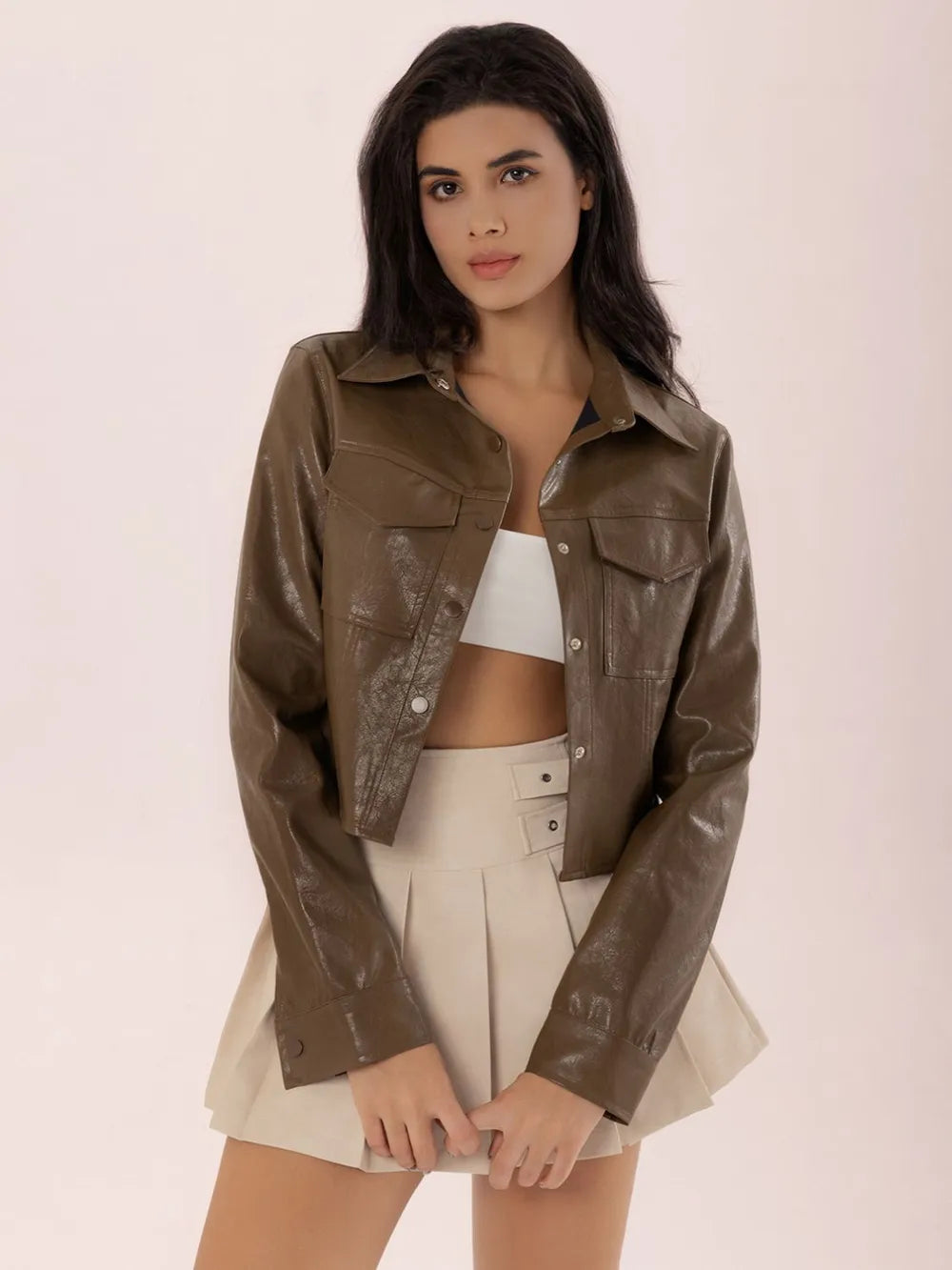 Collared Neck Snap Down Long Sleeve Jacket Trendsi 