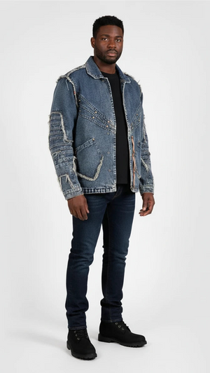 IREP Stealth Wealth Crush Plus Sized Studded Frayed Denim Jacket Jacket iRepBrand