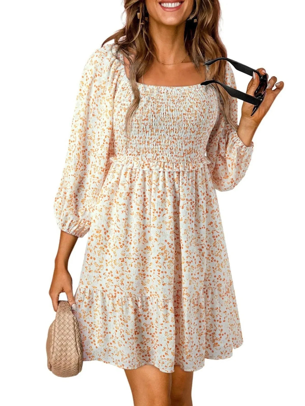 IREP Stealth Wealth Floral Smocked Square Neck Mini Dress Trendsi 