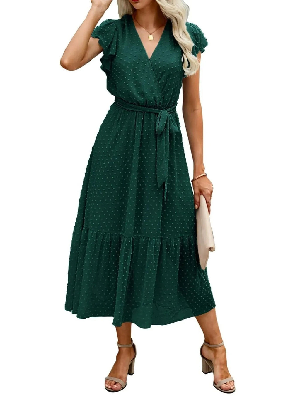 IREP Stealth Wealth Swiss Dot Flutter Sleeves Midi Dress Trendsi 