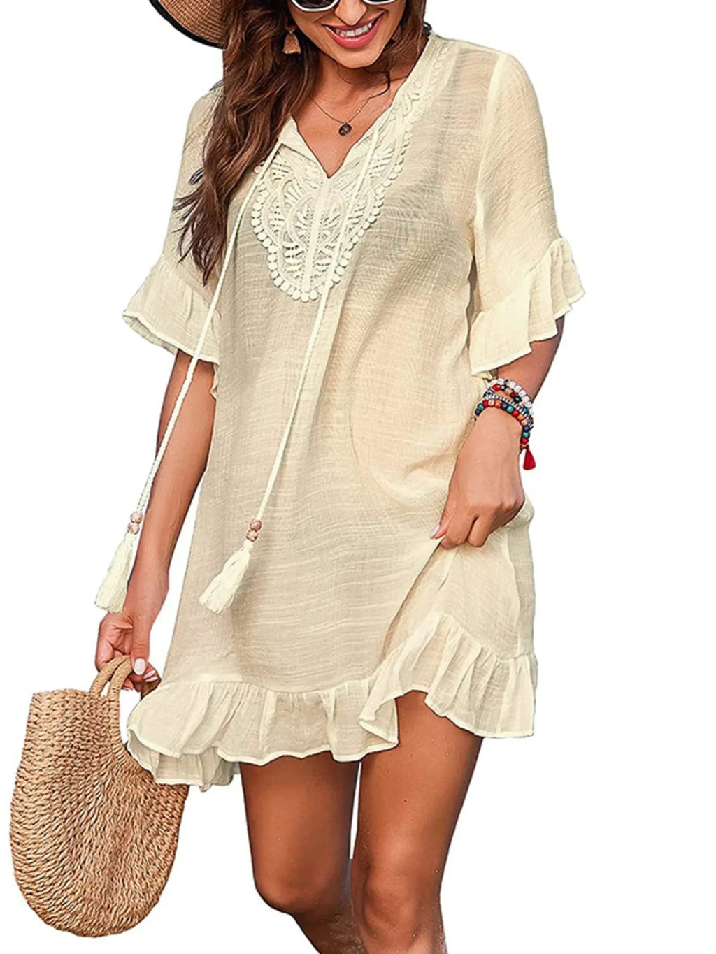 IREP Stealth Wealth Tassel Short Sleeve Ruffled Mini Dress Trendsi 