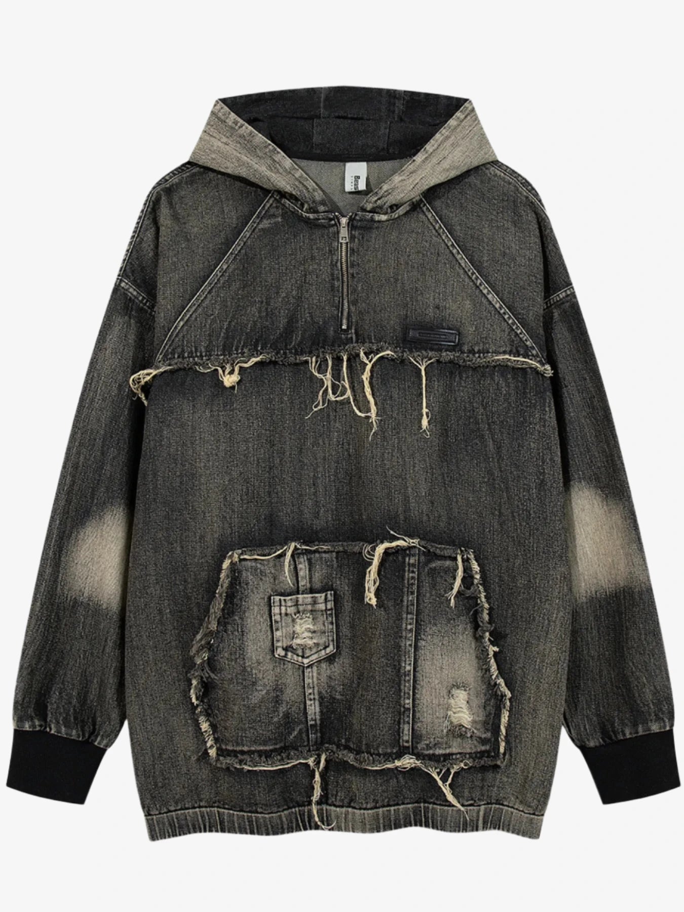 Men's Distressed Denim Patchwork Oversized Hoodie with Frayed Details Trendsi 