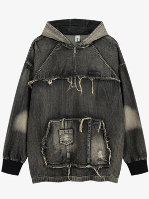 Men's Distressed Denim Patchwork Oversized Hoodie with Frayed Details Trendsi 