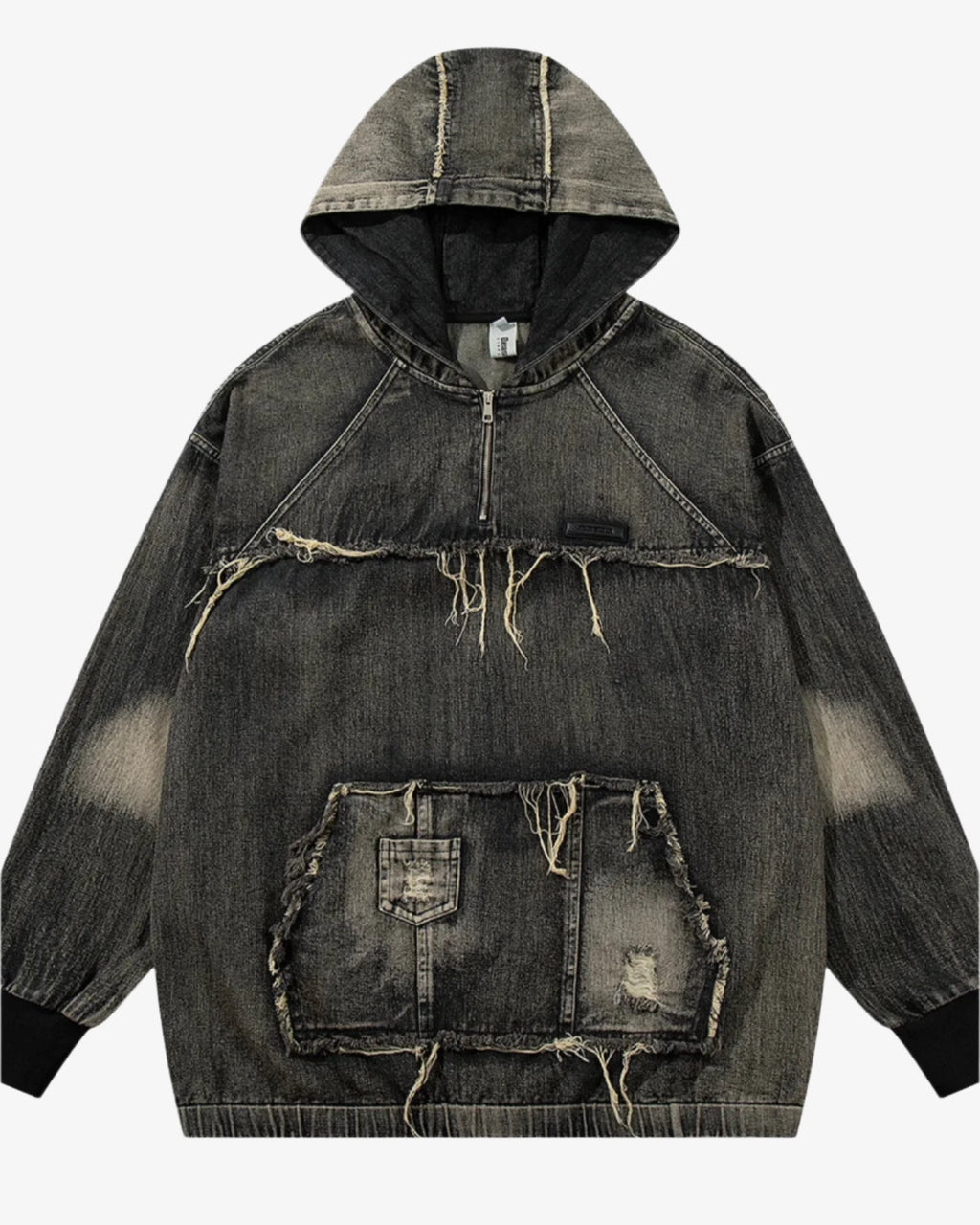 Men's Distressed Denim Patchwork Oversized Hoodie with Frayed Details Trendsi 