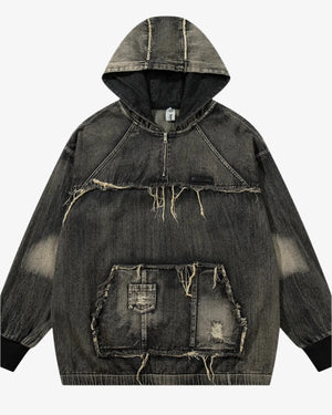 Men's Distressed Denim Patchwork Oversized Hoodie with Frayed Details Trendsi 