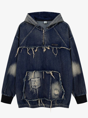 Men's Distressed Denim Patchwork Oversized Hoodie with Frayed Details Trendsi 