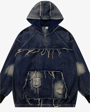Men's Distressed Denim Patchwork Oversized Hoodie with Frayed Details Trendsi 