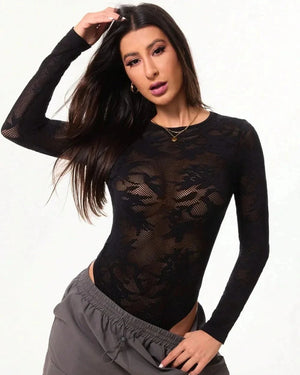 Round Neck Long Sleeve Lace Bodysuit Trendsi 