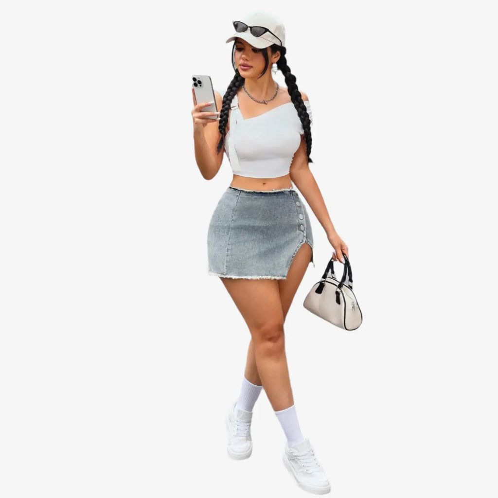 IREP Frayed Hem Simple Button Women Skirt IREPBRAND 