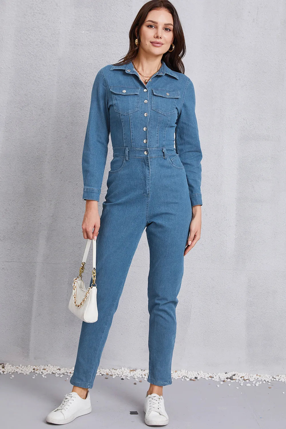 Snap Down Denim Jumpsuit with Pockets Trendsi 