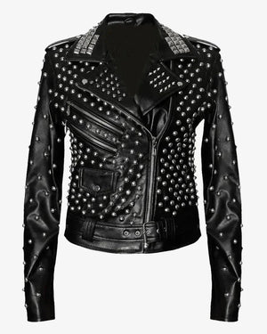 Womens Black Studded Brando Leather Jacket Studded Jacket iRepBrand
