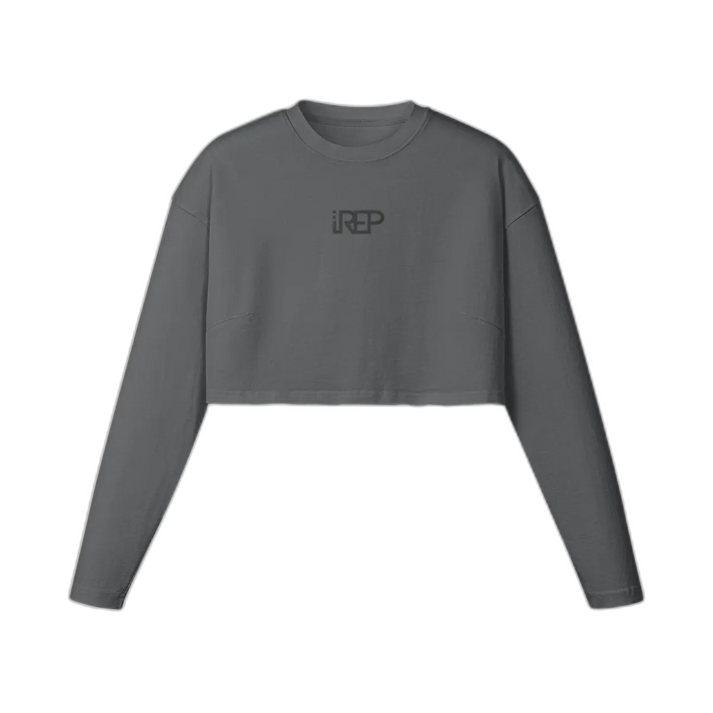 IREP Raw Hem Long Sleeve Women's Crop Top - Carbon Gray/Black PODpartner 