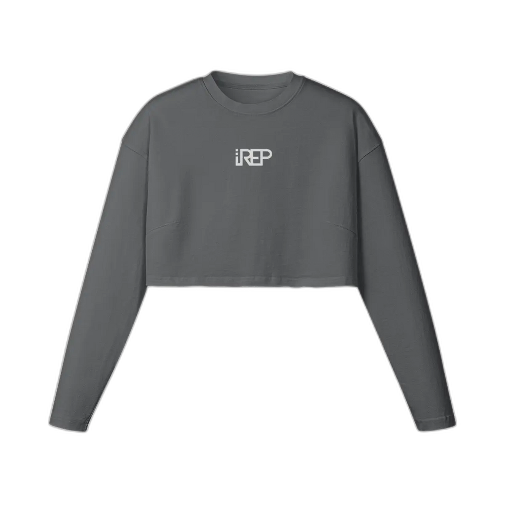 IREP Raw Hem Long Sleeve Women's Crop Top - Carbon Gray/White PODpartner 